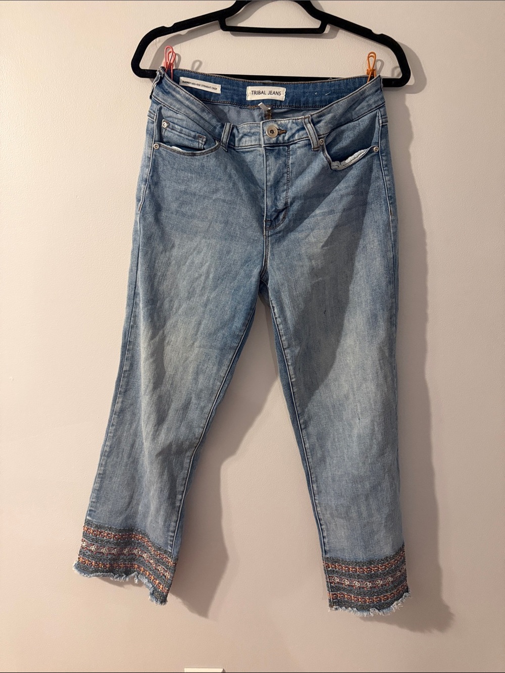 Tribal Light Blue Cropped Ankle Jeans with Embroidered Hem